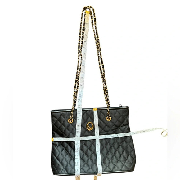 Vintage St. John Womens Black Canvas Quilted Tote Chain Strap - Picture 5 of 16